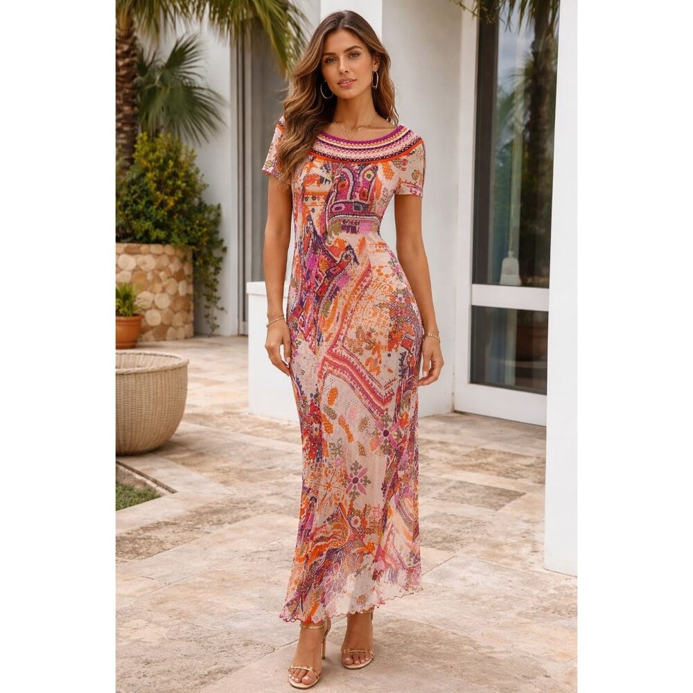 Vintage Fuzzi Mesh Bodycon Abstract Print Knitwear Maxi Dress Made In Italy Sz L